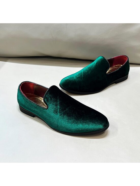 Men\'s Green Velvet Penny Loafers Metal Buckle Slip On Luxury Suede Formal Shoes